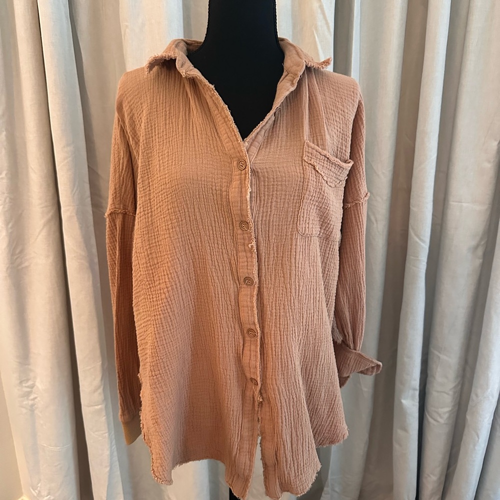 Pink Lily Relaxed Gauze Button-Down Shirt